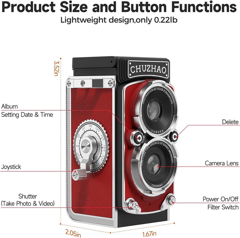 Chocapt CHUZHAO Digital Camera Retro with Time Stamp - Portable Vintage TLR Style 1080p FHD Video 12MP Photos Autofocus Mini Vlogging Camera with 16GB Card for Beginners Teens Adults, Red - Image 5